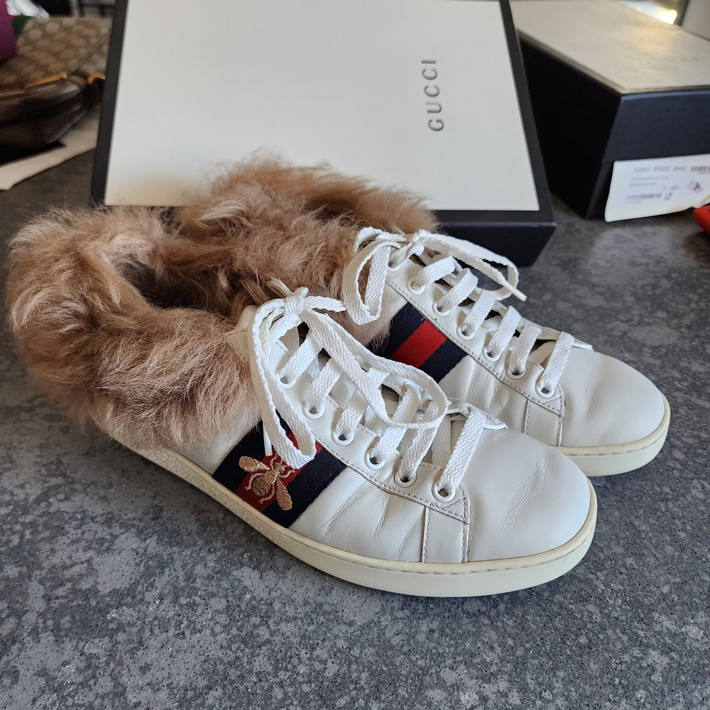 Women's Gucci Ace Fur-Lined Bee Patch Sneakers